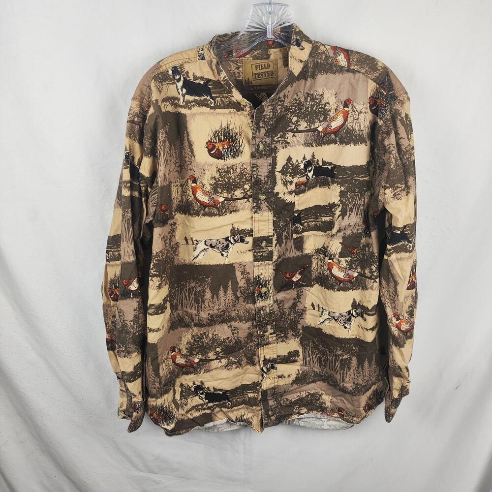 Outdoor Life Shirt Mens Medium Brown Hunting Pheasant Bird Dog Print Button Up